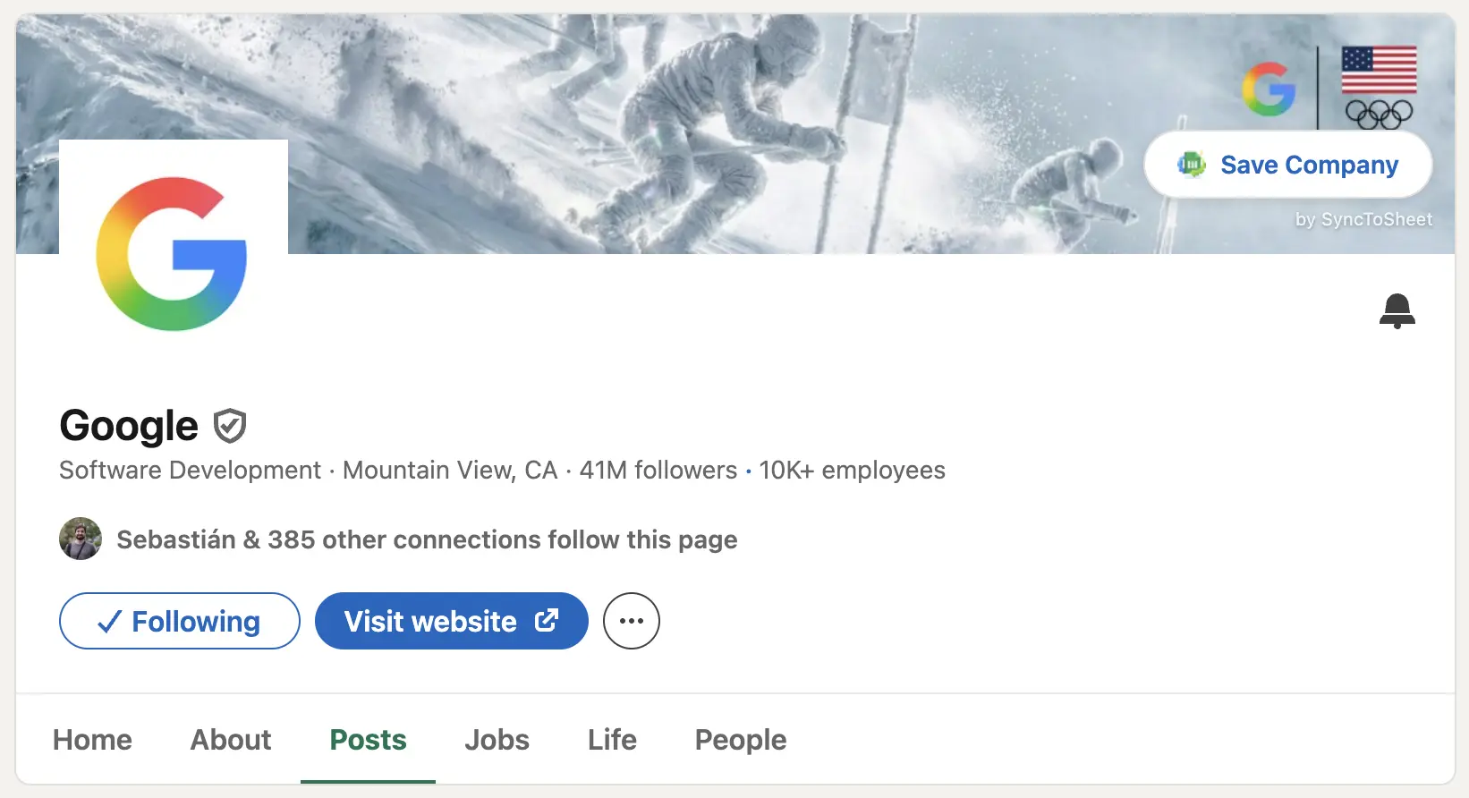 SyncToSheet Save company button on a LinkedIn company page