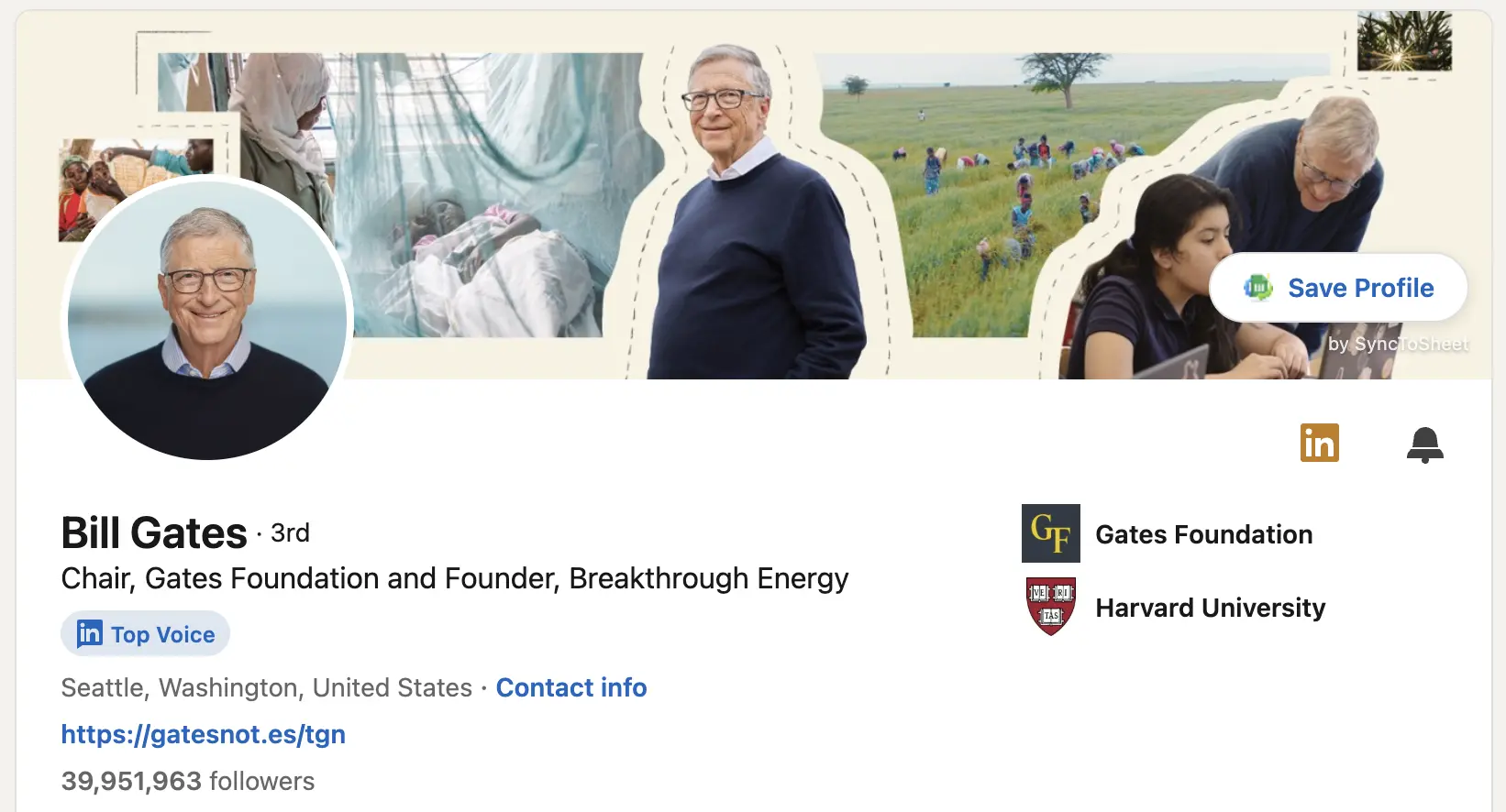 SyncToSheet Save profile button on a LinkedIn profile page
